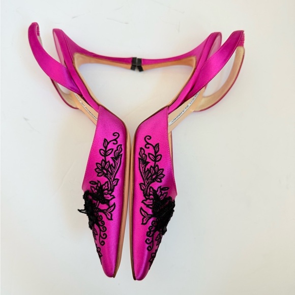 Manolo Blahnik pink Black Floral Appilique embroidered Carolyne 90mm pumps EU 38 - Picture 4 of 8